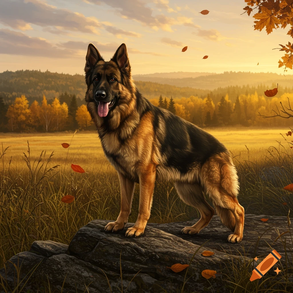 A photorealistic image of a German Shepherd dog standing on a rock in an autumn field with golden trees and falling leaves.
