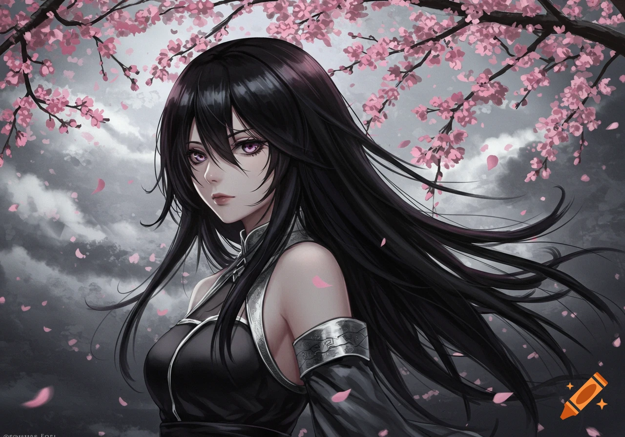 Anime girl with long black hair and purple eyes under cherry blossom branches against a cloudy sky.