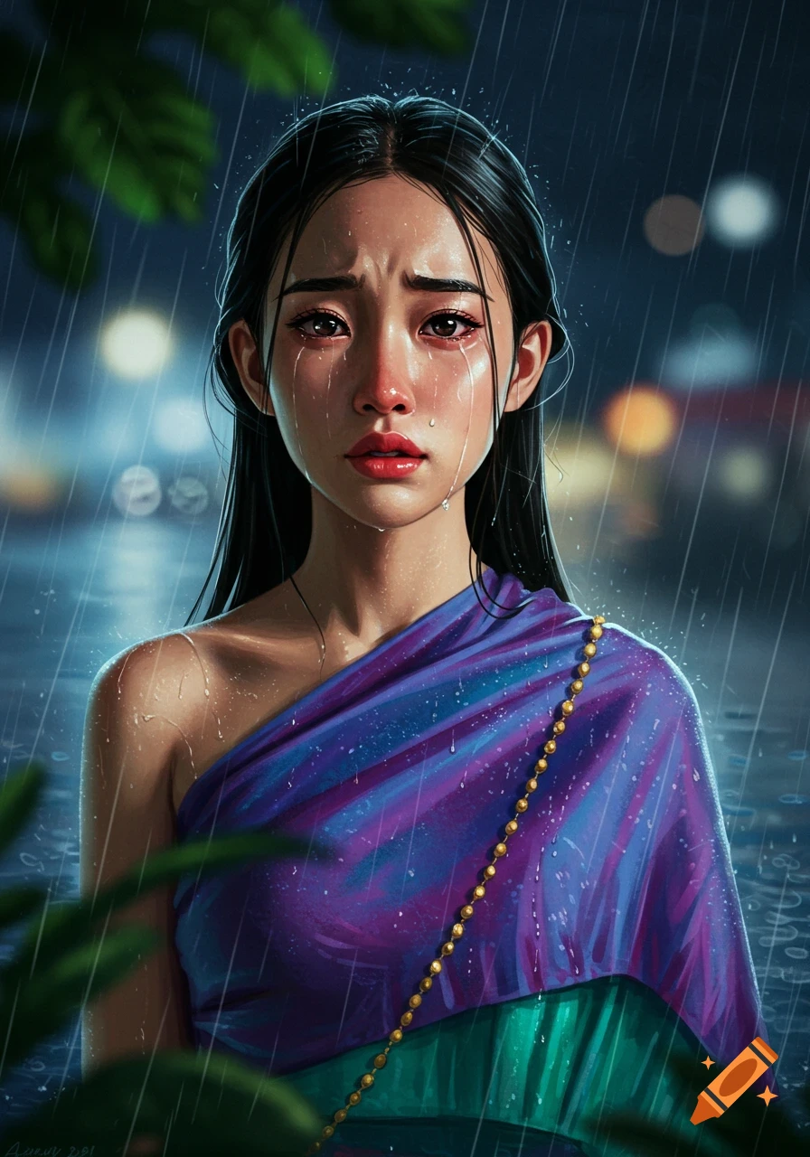 Young Thai woman crying in the rain, with tears streaming down her face, wearing a purple and green traditional garment. Digital painting style.