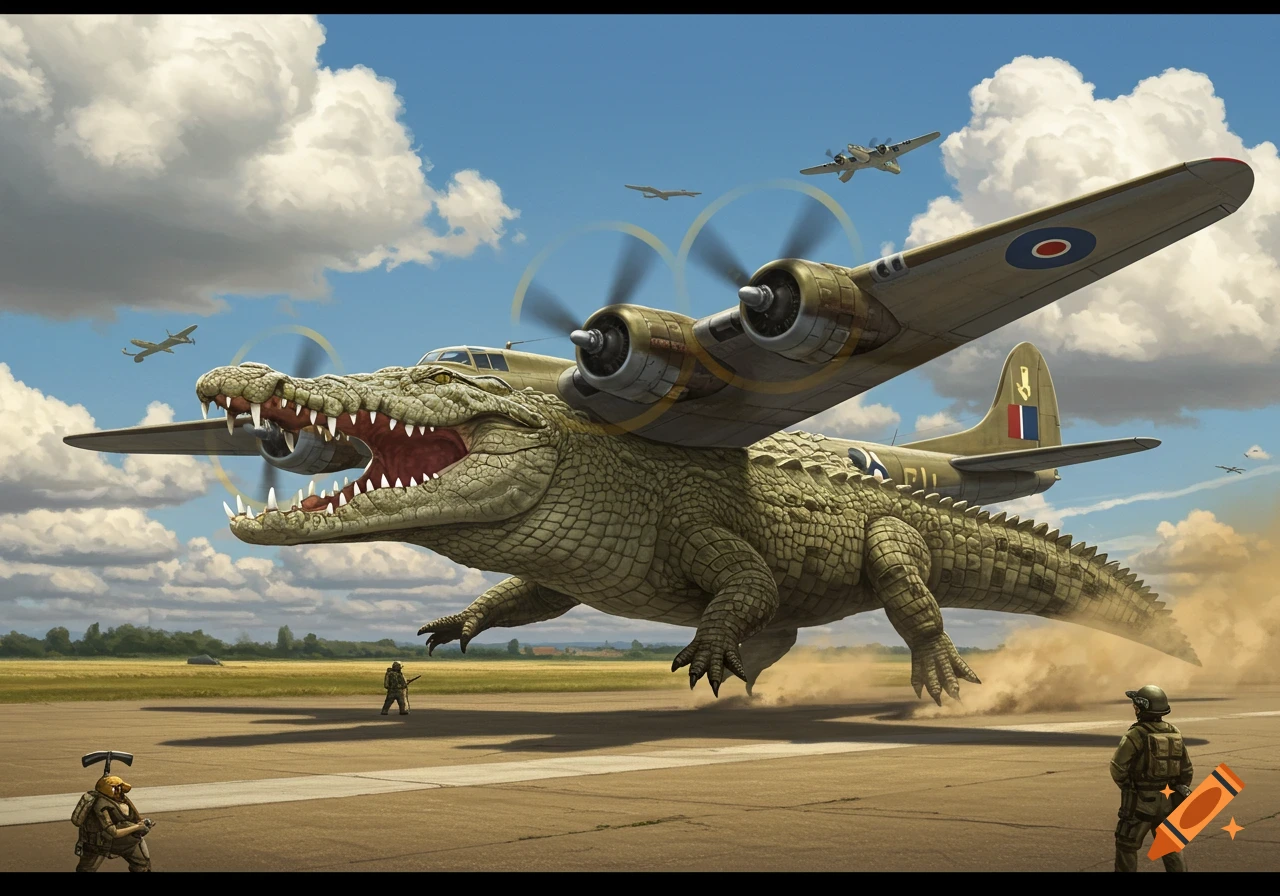 A giant crocodile with bomber airplane wings and tail flies low over an airfield, stirring up dust, observed by soldiers.