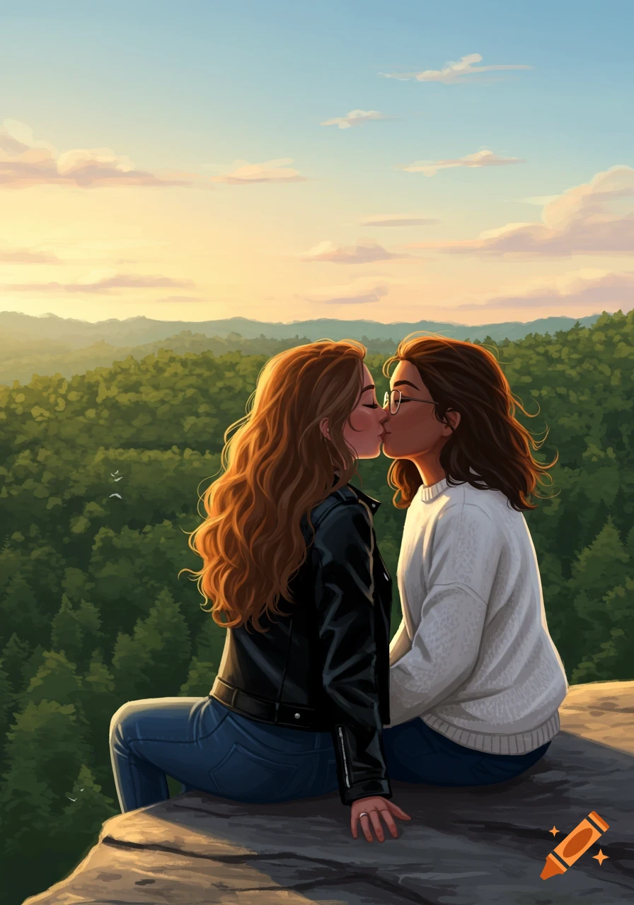 A drawing of two women kissing on a cliff overlooking a forest landscape at sunset.