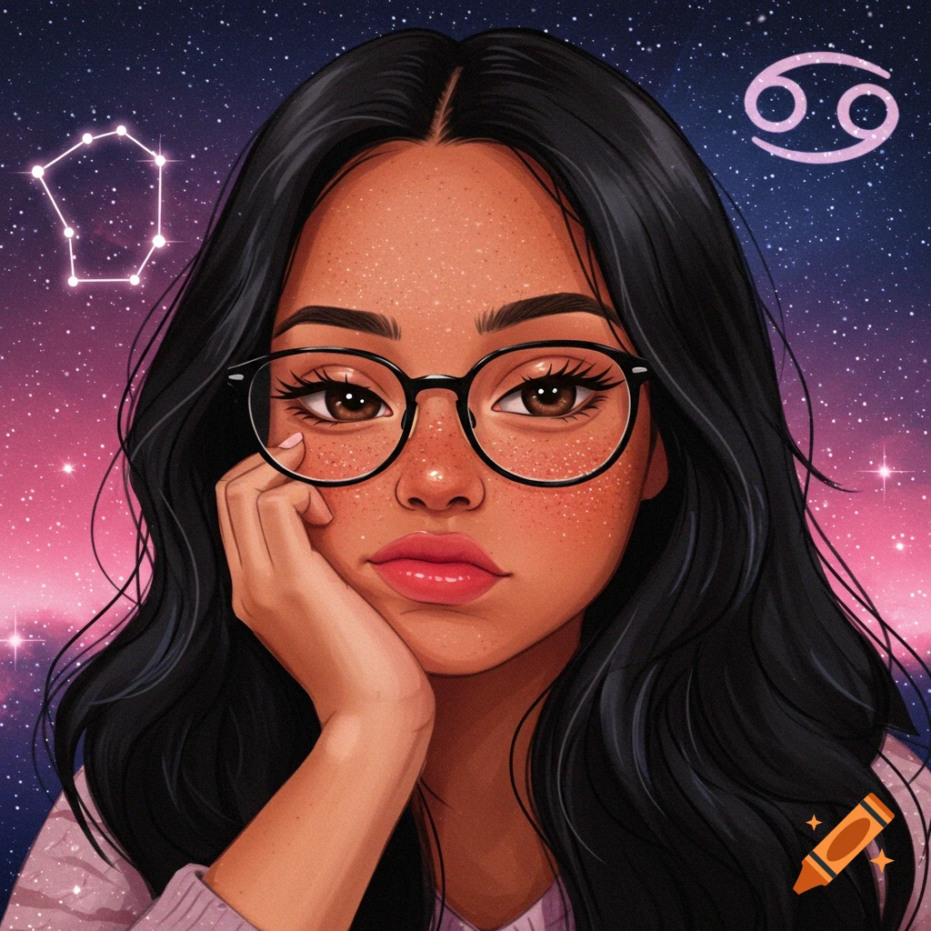 Anime portrait of a woman with black hair, glasses, and freckles, against a starry pink and blue galaxy background with a Cancer zodiac symbol.