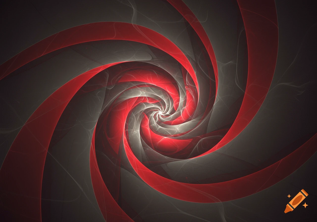 An abstract spiral pattern in shades of red, grey, and white.