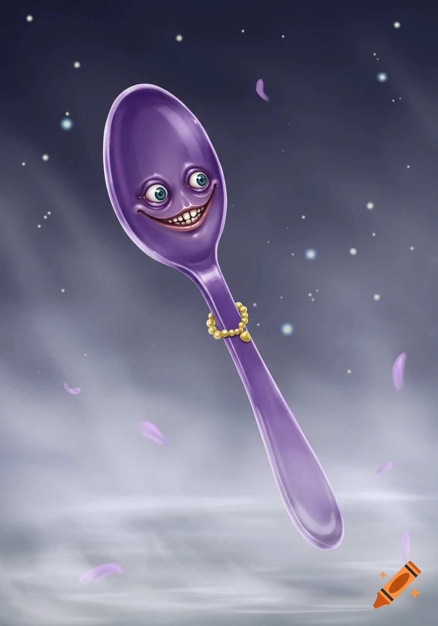 A purple spoon with a creepy, smiling face and a yellow pearl necklace floats against a dark, starry background.
