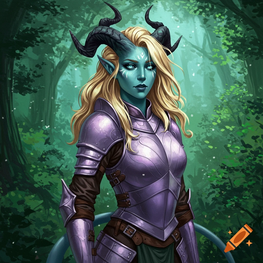 A teal-skinned female tiefling with blonde hair and black horns wears light purple armor in a green forest setting.