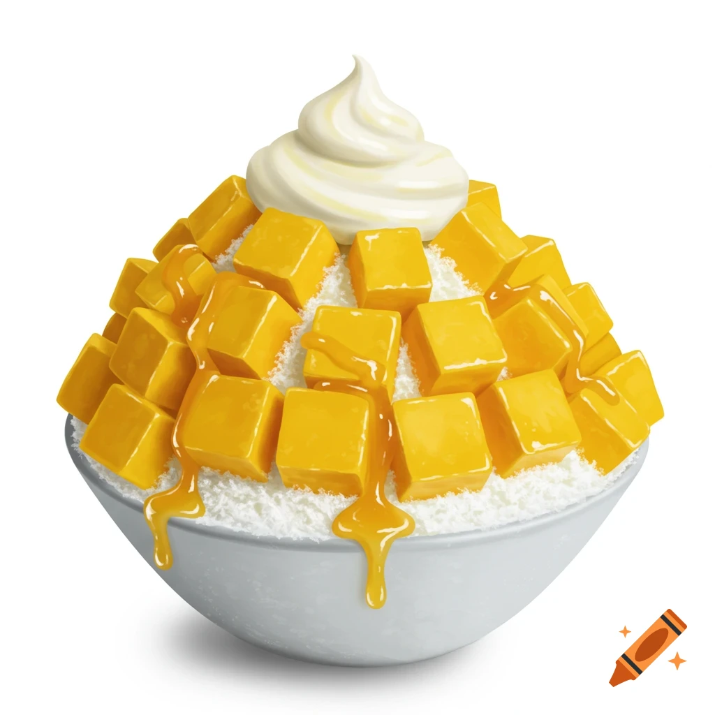 An illustration of a mango bingsu dessert with whipped cream in a white bowl.