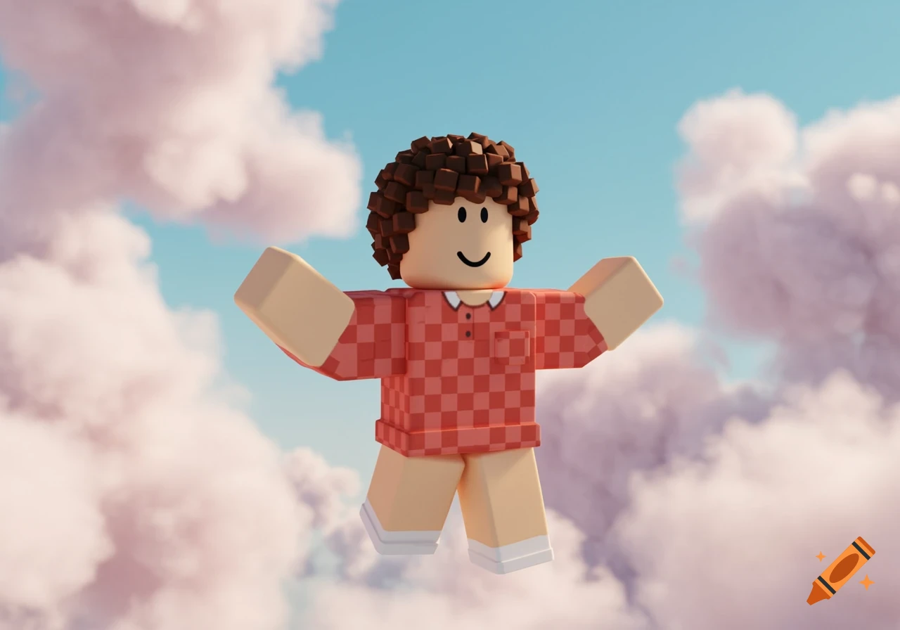 A Roblox avatar with brown curly hair and a red checkered shirt floats in a sky with pink clouds.