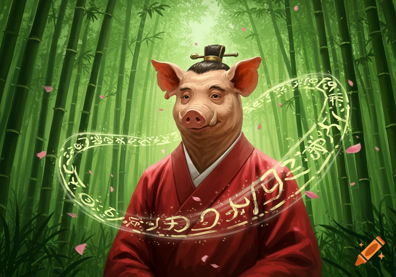 A smiling anthropomorphic pig in a red robe and traditional Chinese hat stands in a bamboo forest, surrounded by glowing mystical symbols.
