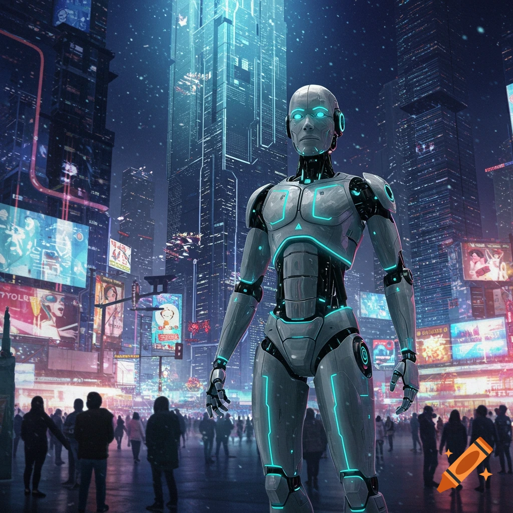 A sleek, grey and teal robot stands in the middle of a bustling futuristic city street at night, illuminated by neon signs.