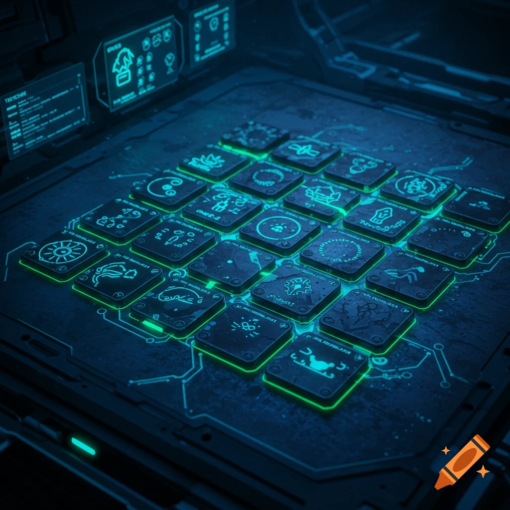 A futuristic glowing green and blue attack grid for a video game, with various symbols on each square and digital screens in the background.