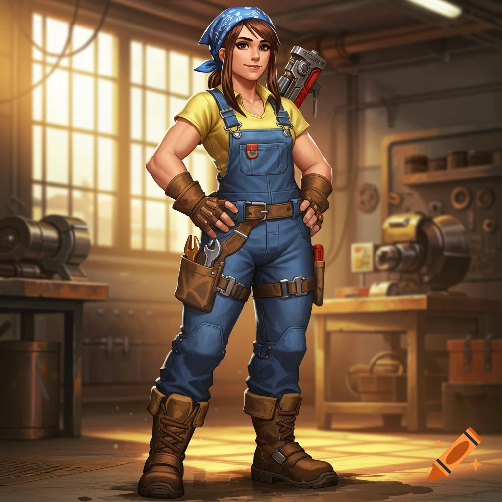 A stylized illustration of a female character, similar to Brigitte from Overwatch, wearing blue overalls and a yellow shirt, standing in a workshop.