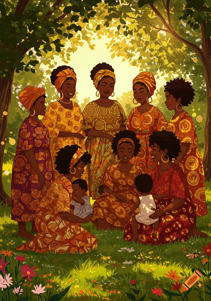 Vibrant illustration of a group of Black women and babies gathered under sunlit trees in a field of colorful flowers.