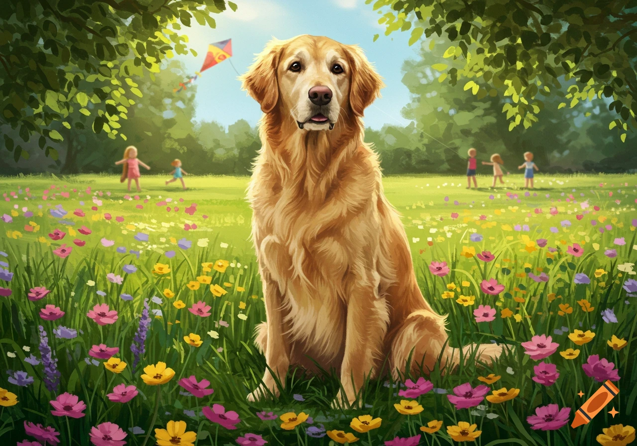 A golden retriever sits in a field of colorful wildflowers under a bright sky, with children playing in the background.