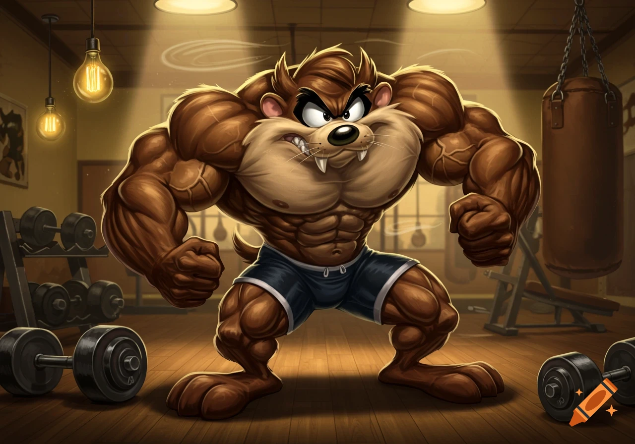 Muscular, angry Taz bodybuilder flexing in a gym with dumbbells and a punching bag, cartoon style.