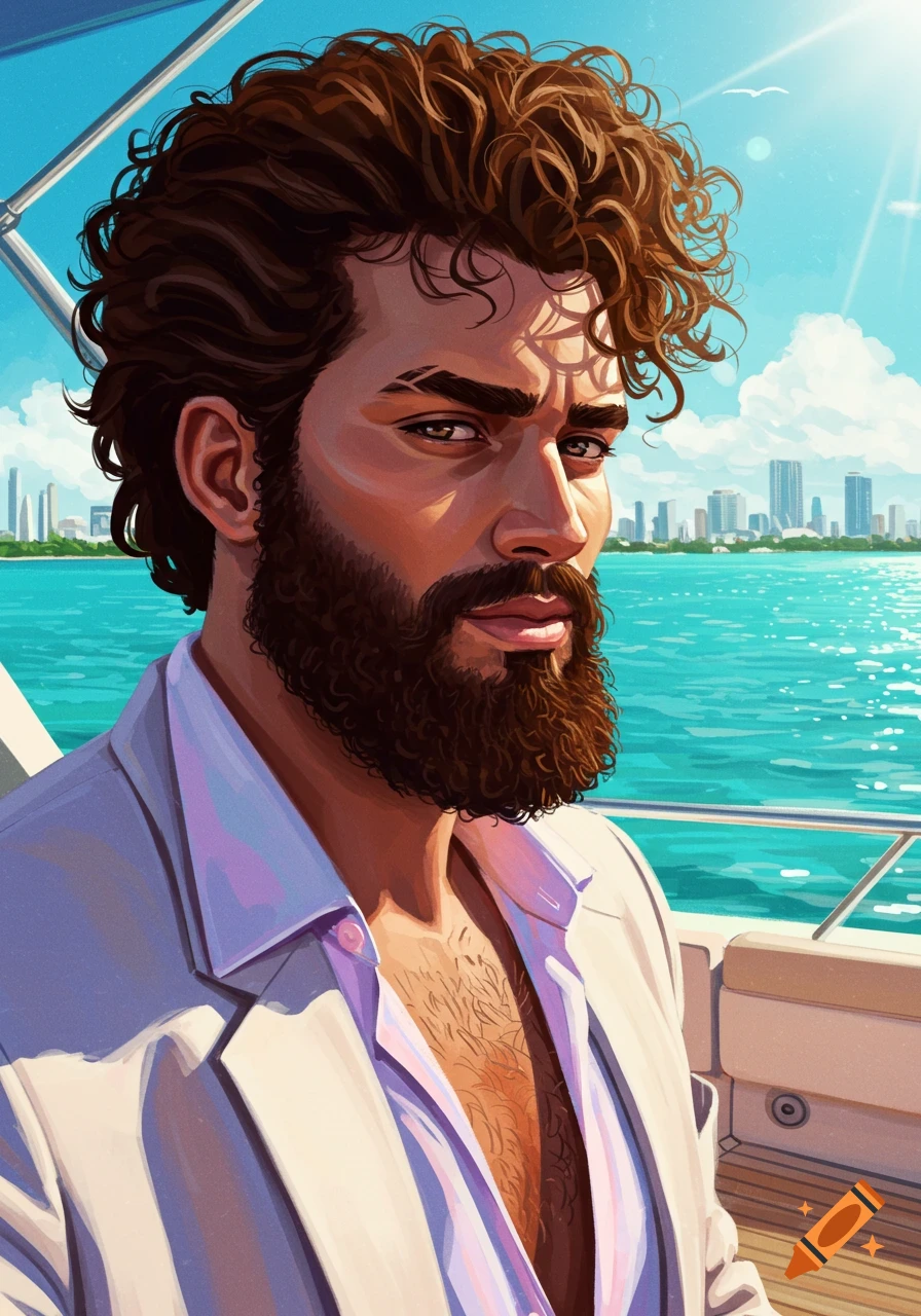 Illustration of a man with a beard and curly hair on a boat, with a cityscape in the background.
