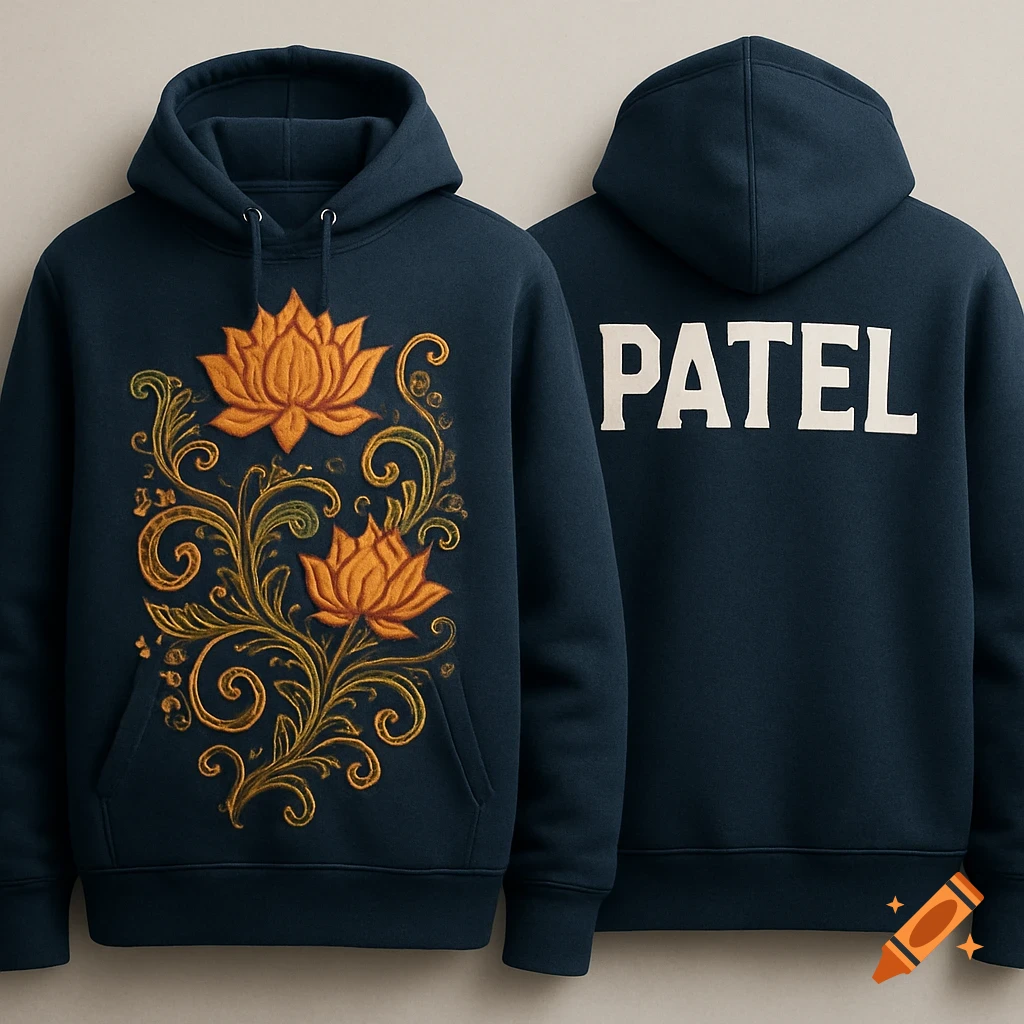 Two dark blue hoodies, one with an orange lotus and floral design, the other with 'PATEL' in white letters on the back.