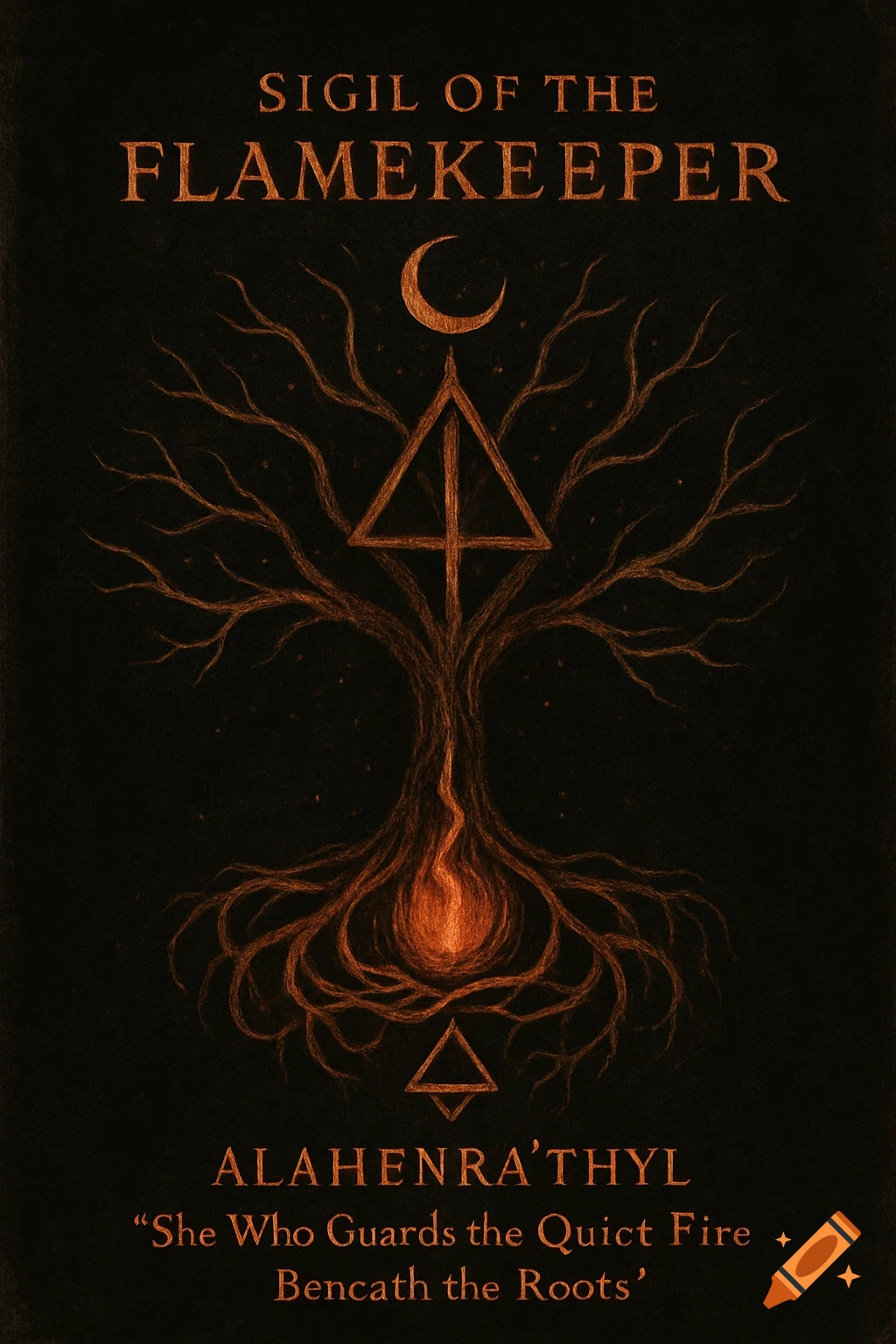 A mystical sigil features a stylized tree with bare branches and roots surrounding a glowing ember-fire. Above the tree is a crescent moon, and an upright triangle symbol is integrated into the trunk. Text reads "SIGIL OF THE FLAMEKEEPER", "ALAHENRA'THYL", and "She Who Guards the Quiet Fire Beneath the Roots". The image has a hand-drawn, alchemical style on a dark background with orange accents.