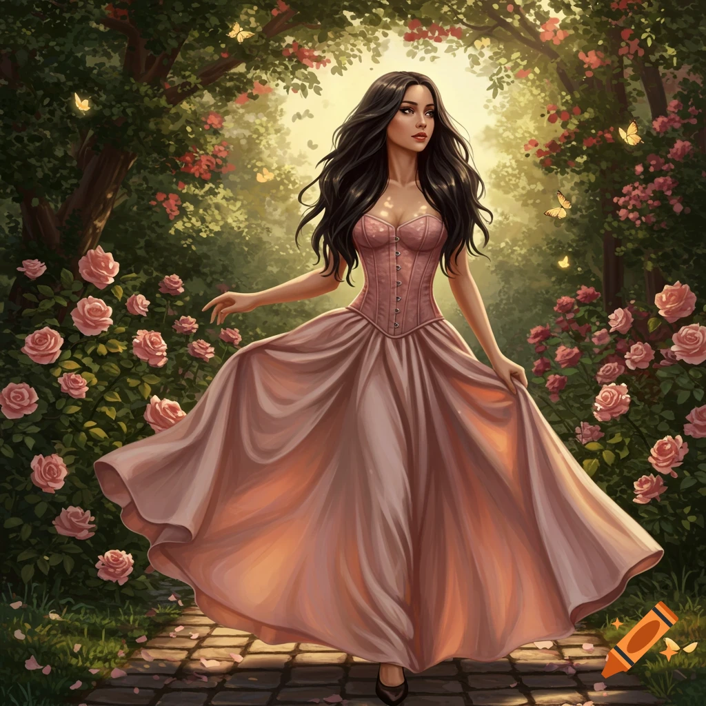 A dark-haired woman in a dusty rose corset and full skirt walks through a rose garden with butterflies.