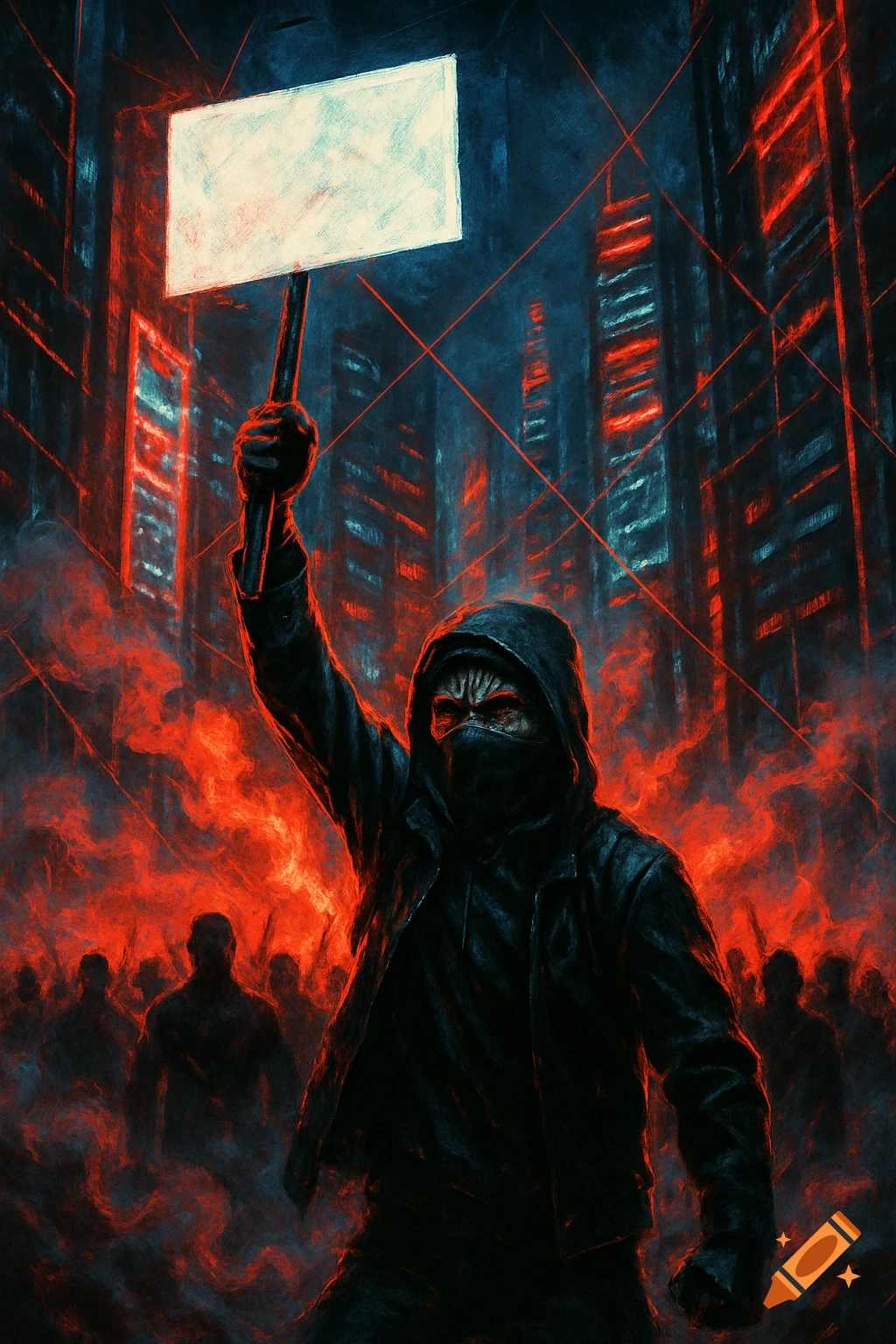 Hooded protester raises a blank sign amidst red smoke in a dark cyberpunk city, art in a gritty style.