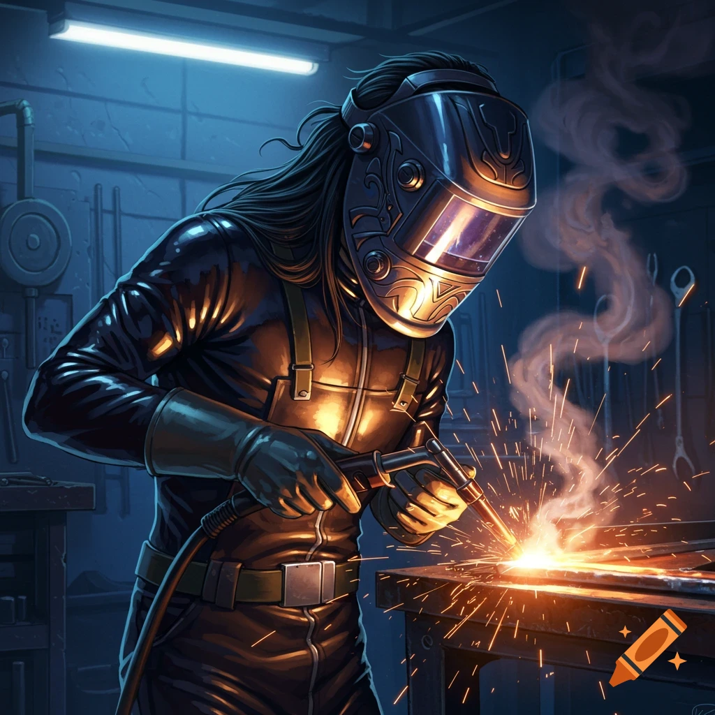 A man with long hair and a welding mask in latex suit welds metal in a workshop, anime style.