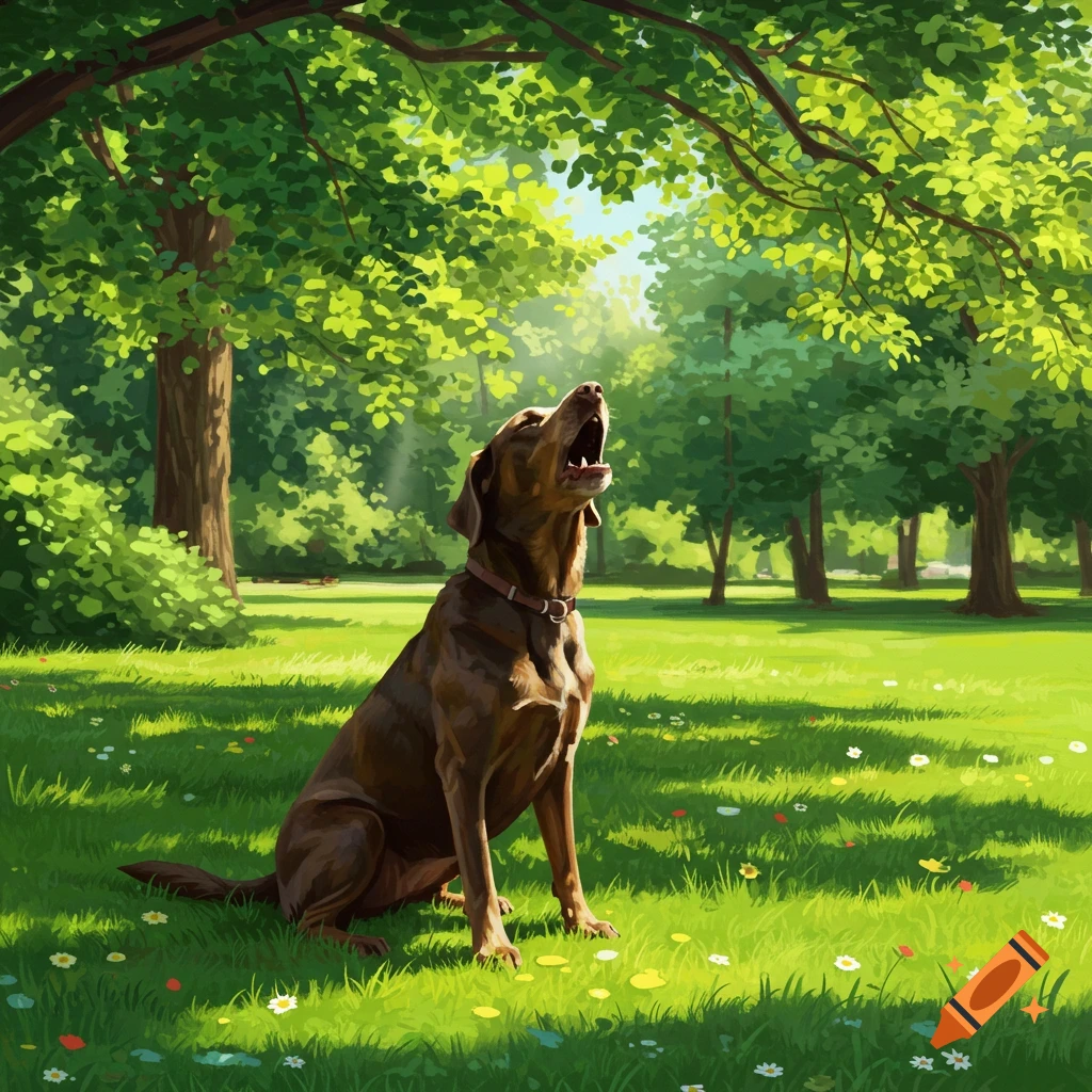 A brown dog sits in a sunny green park, barking with its head tilted back. Illustrated style.