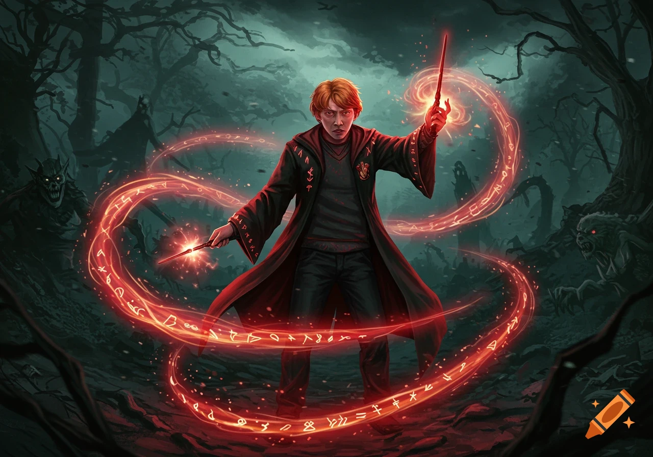 Illustration of Ron Weasley casting a glowing red magic spell with runes in a dark forest, with shadowy monsters lurking.