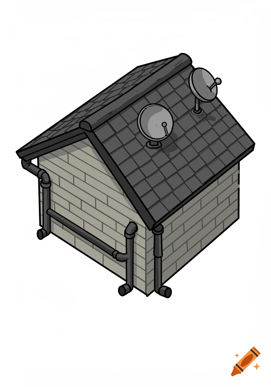 A cartoony isometric house with a grey roof, two satellite dishes, and black drainpipes on a white background.