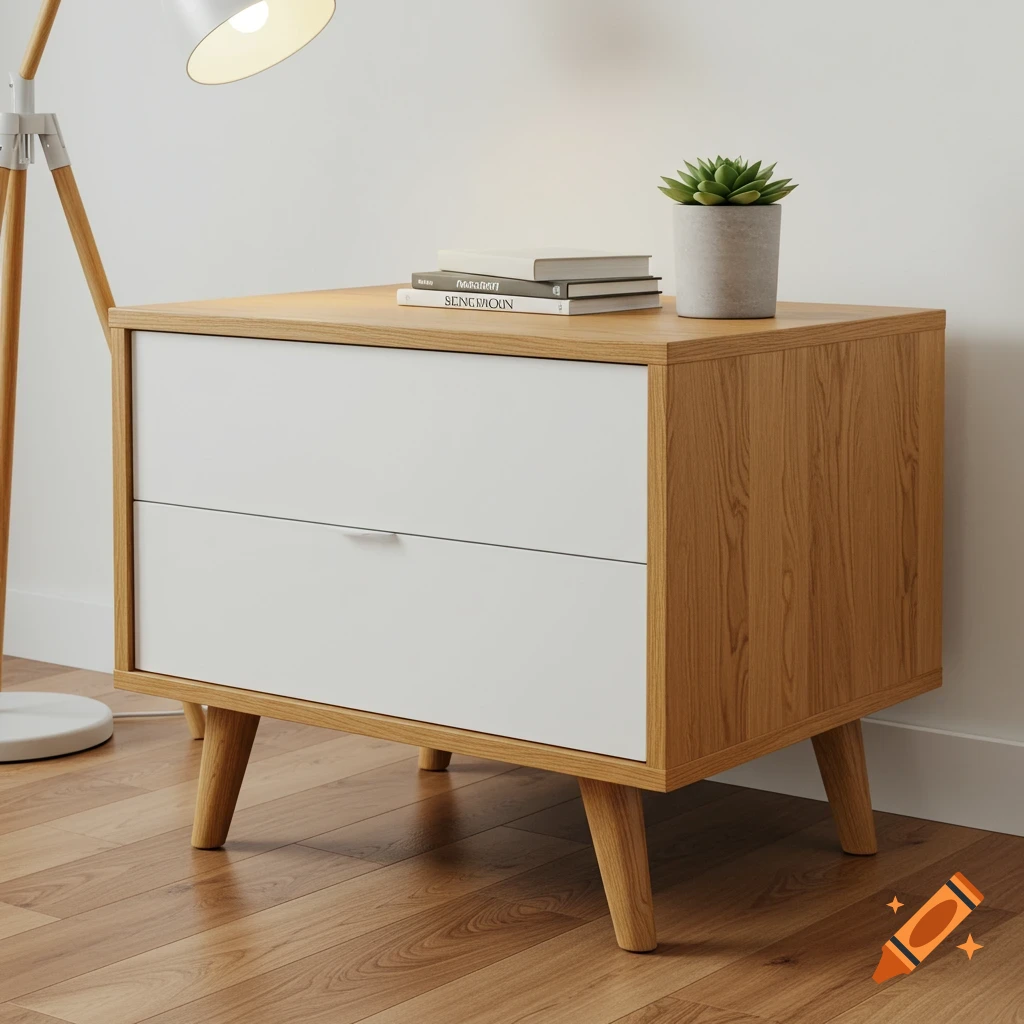 A modern light oak bedside table with two white drawers stands on a wooden floor next to a white lamp. Books and a small plant are on top.