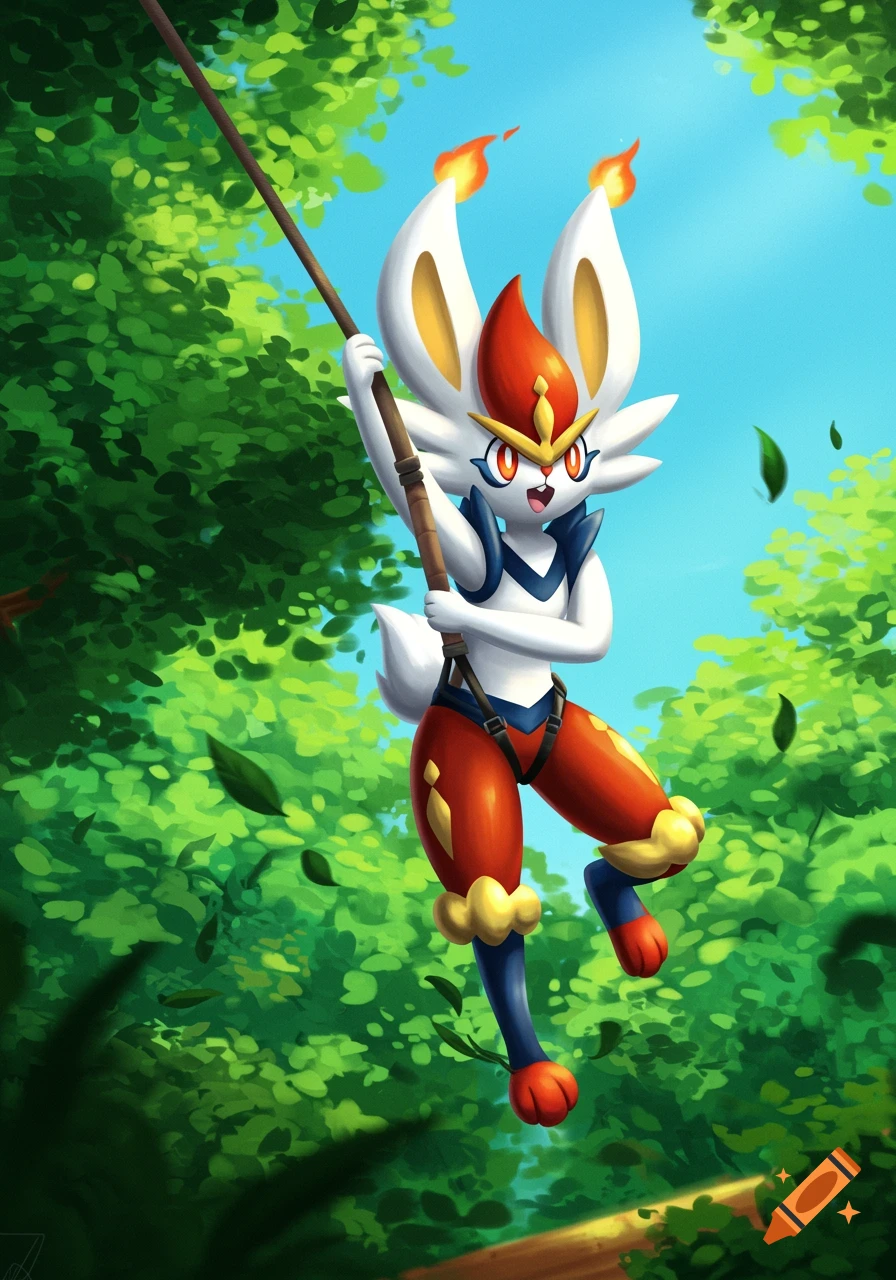 Cinderace, a Pokemon, swings on a rope in a lush green forest under a blue sky, in a cartoon art style.