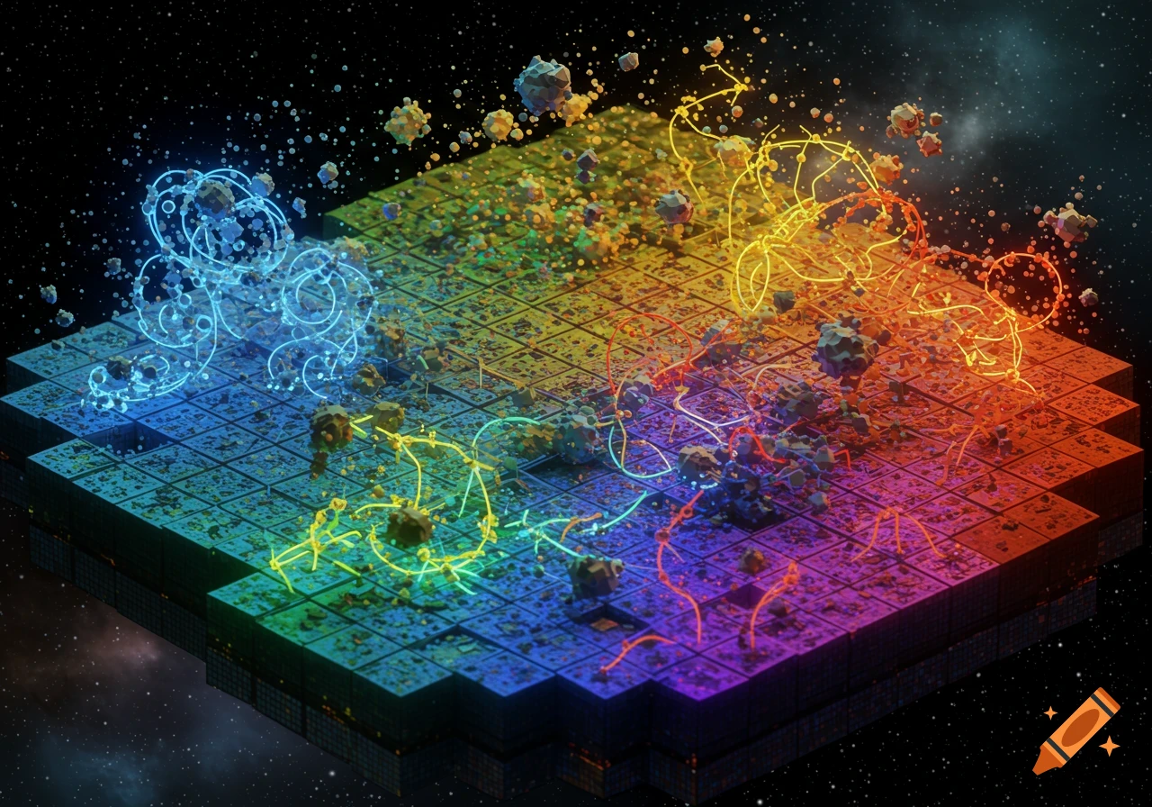 Colorful grid structure resembling a voxel game world in space, with glowing lines, particles, and abstract forms.