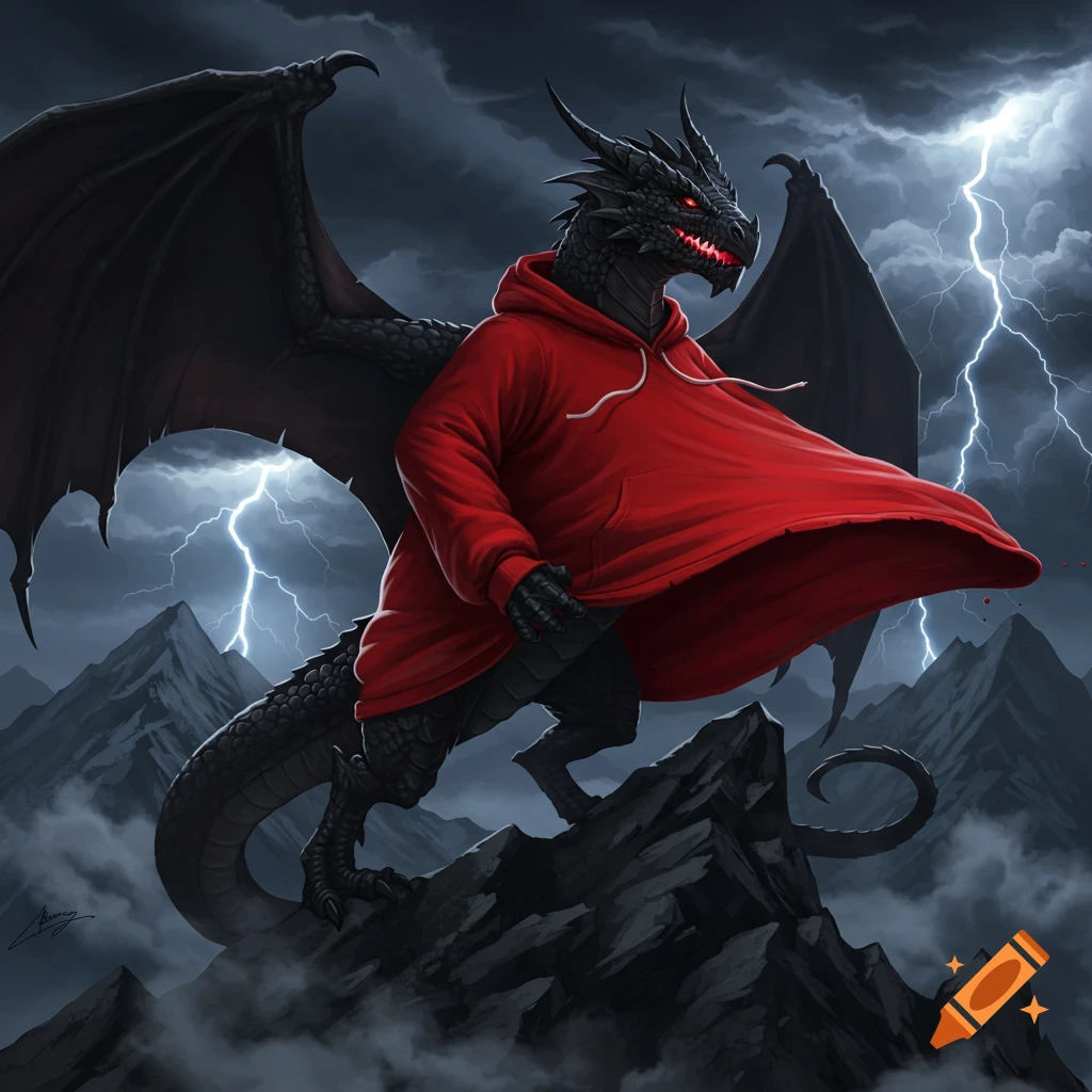 A black dragon wearing a red hoodie stands on a rocky mountain peak under a dark, stormy sky with lightning.