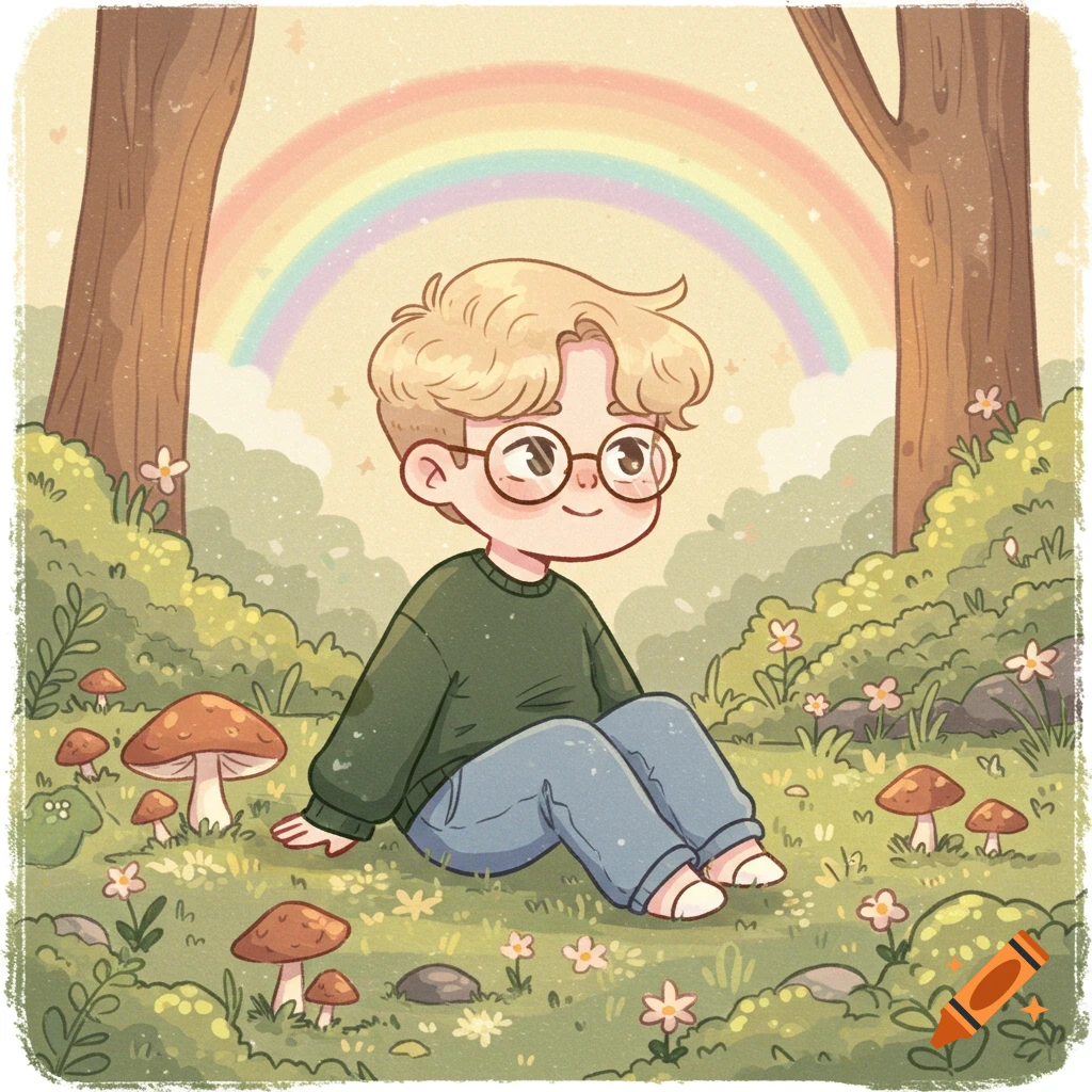 A whimsical cartoon of a chibi blonde boy with glasses sitting in a dreamy forest with mushrooms and a rainbow.