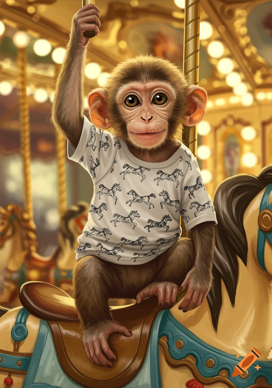 A cute baby monkey wearing a white t-shirt with black horse patterns, sitting on a carousel horse with a golden background.