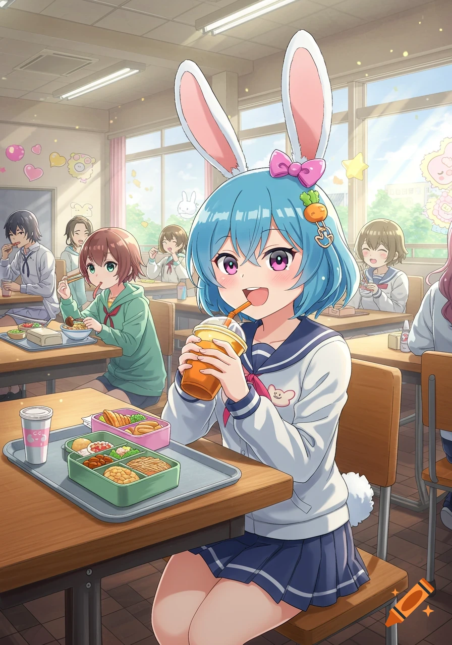 Anime girl with bunny ears and blue hair drinks from a cup in a school cafeteria, surrounded by other students eating lunch.
