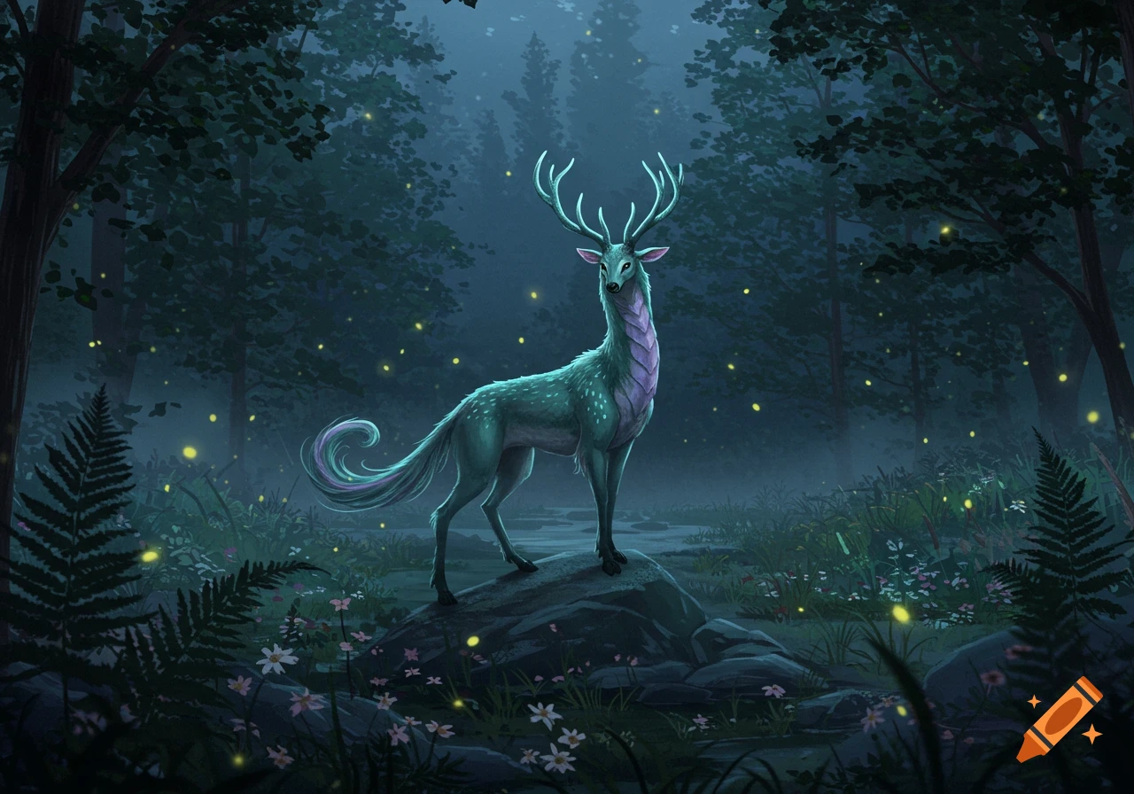 A teal and purple fantasy deer with antlers stands on a rock in a dark, misty forest with glowing fireflies.