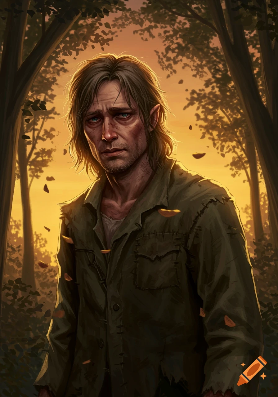 A digital painting of a weary man with shaggy brown hair, blue eyes, and tattered clothes, standing in a forest at sunset.