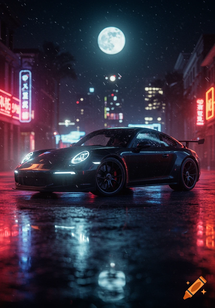 A dark Porsche sports car with headlights on, parked on a wet street at night, reflecting neon lights under a full moon in a city.