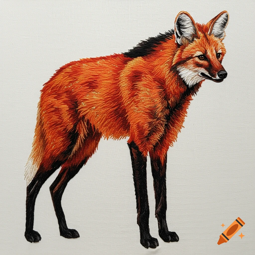 A maned wolf rendered in an embroidery style, standing against a plain white background.