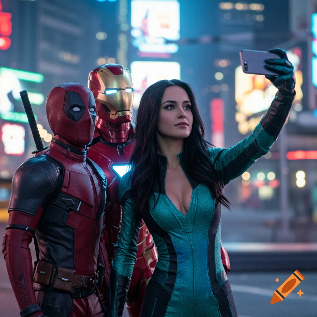 Female superhero in teal and black suit taking a selfie with Deadpool and Iron Man in a city at night.