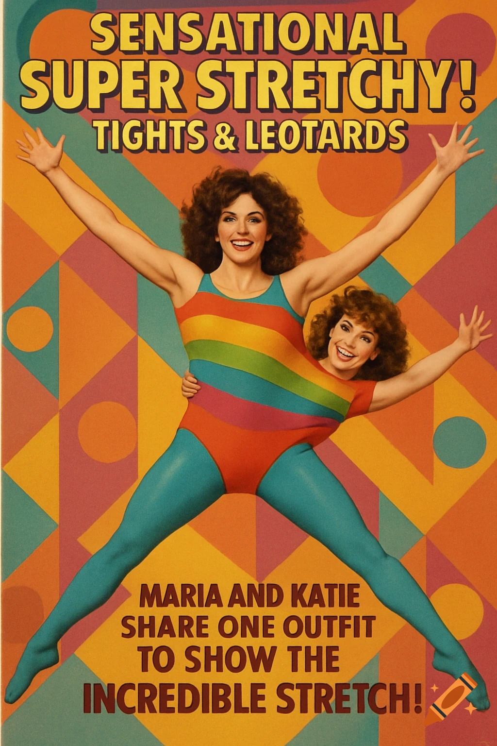 Two women merged into a rainbow leotard and teal tights on a retro geometric background, advertising 'Super Stretchy! Tights & Leotards'.