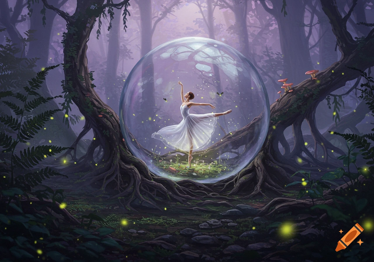 A ballerina dances in a clear bubble amidst ancient trees and fireflies in a mystical purple forest, digital art.