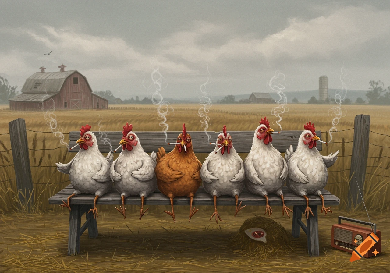 Six cartoonish chickens, one brown and five white, sit on a wooden bench in a farm field, all smoking cigarettes. A red radio is on the ground next to a strange hole in the dirt.
