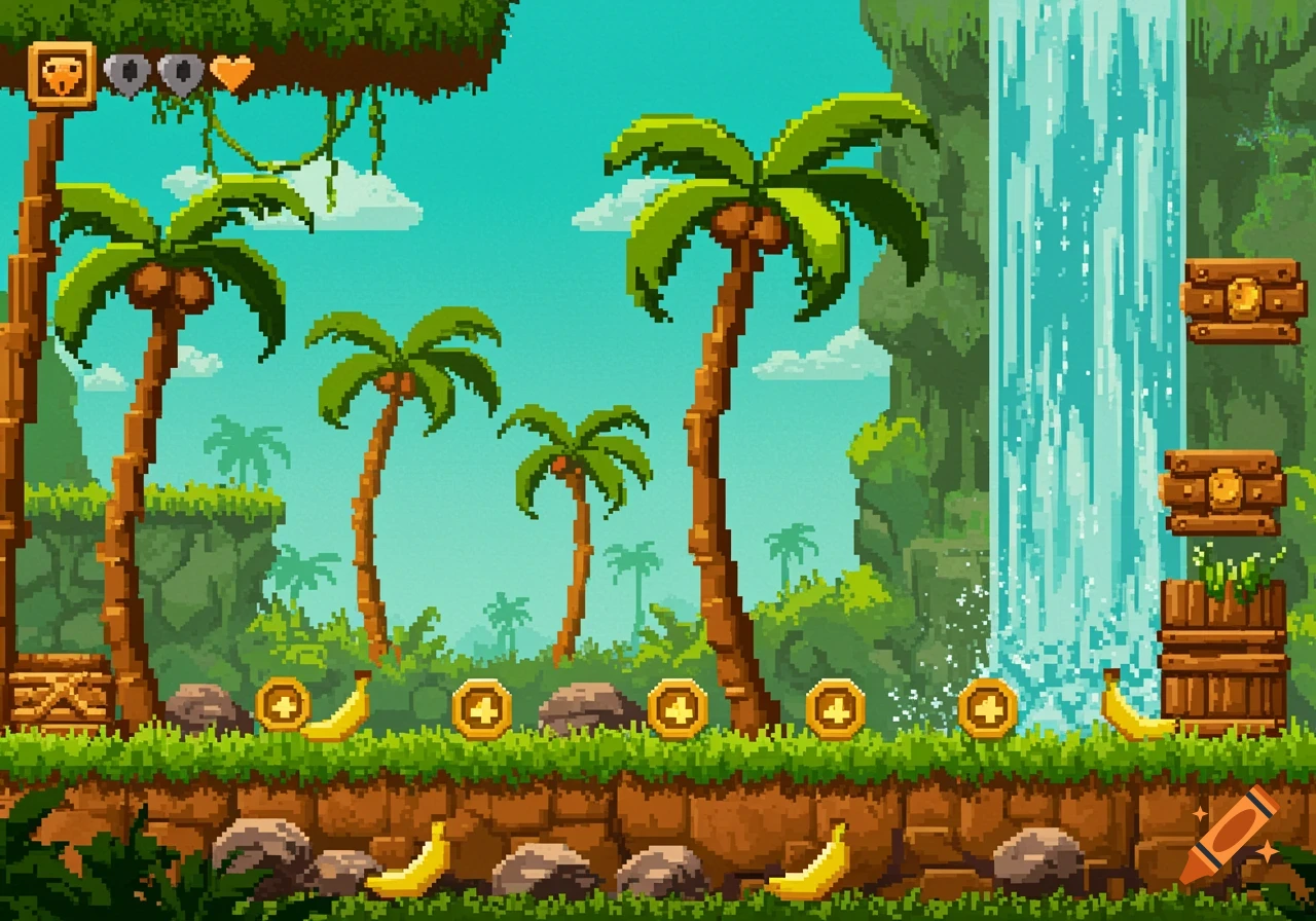 A vibrant pixel art jungle scene with palm trees, a waterfall, coins, bananas, and a game UI at the top.