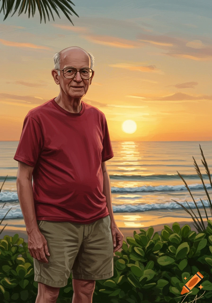 A balding elderly man with glasses, wearing a red t-shirt and khaki shorts, stands on a beach at sunset.