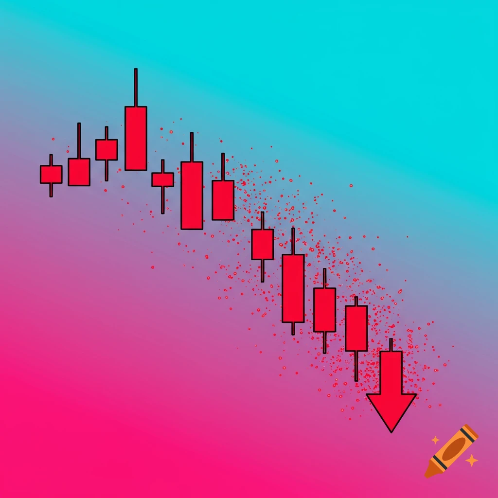 Cartoon-style financial stock chart with red descending candlesticks bursting, on a neon turquoise and pink gradient background.