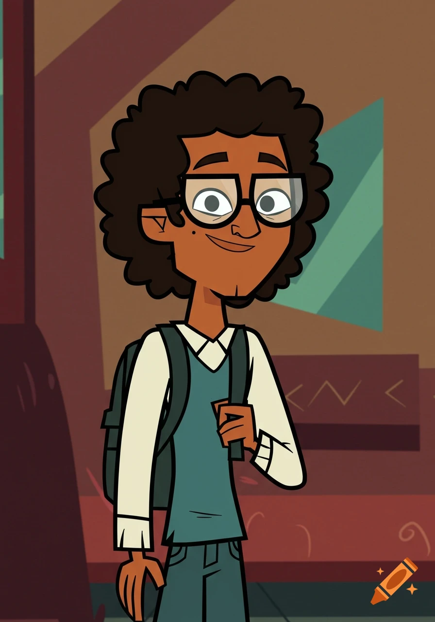 A cartoon boy with dark curly hair, glasses, and a backpack, wearing a light shirt and teal vest, in the Total Drama Island style.