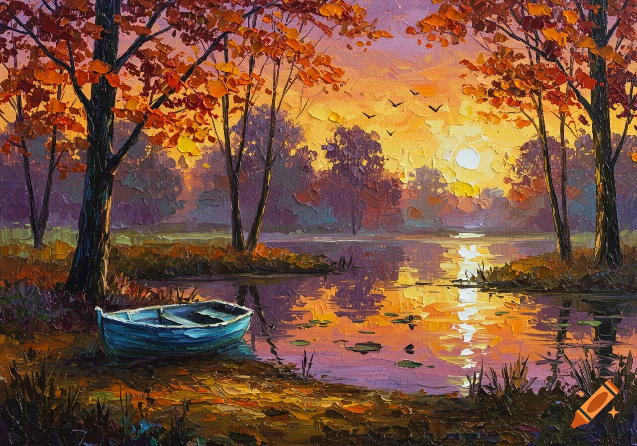 An oil painting of a vibrant autumn landscape with a blue boat on a lake at sunset.