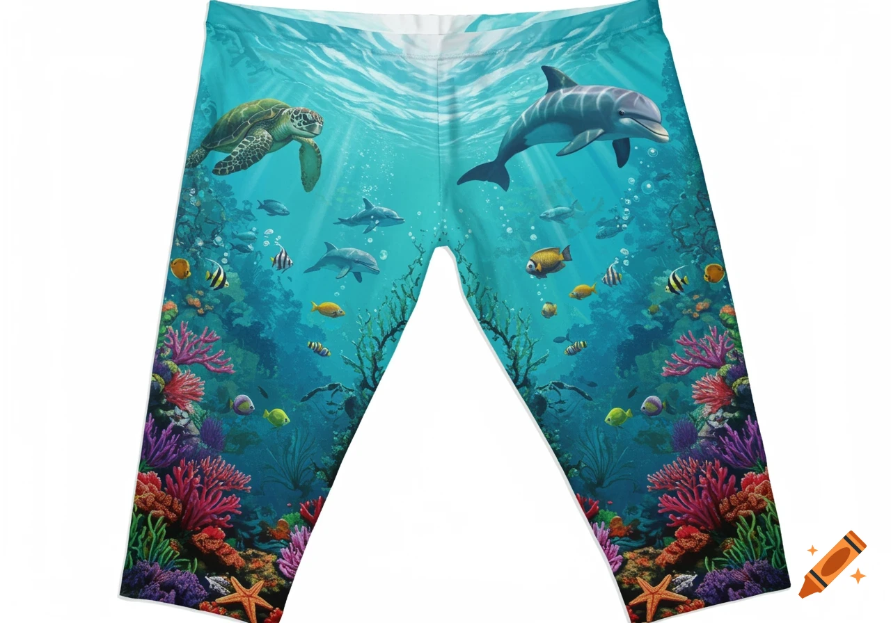 Leggings with a vibrant underwater scene featuring a sea turtle, dolphins, colorful fish, coral reef, and starfish.
