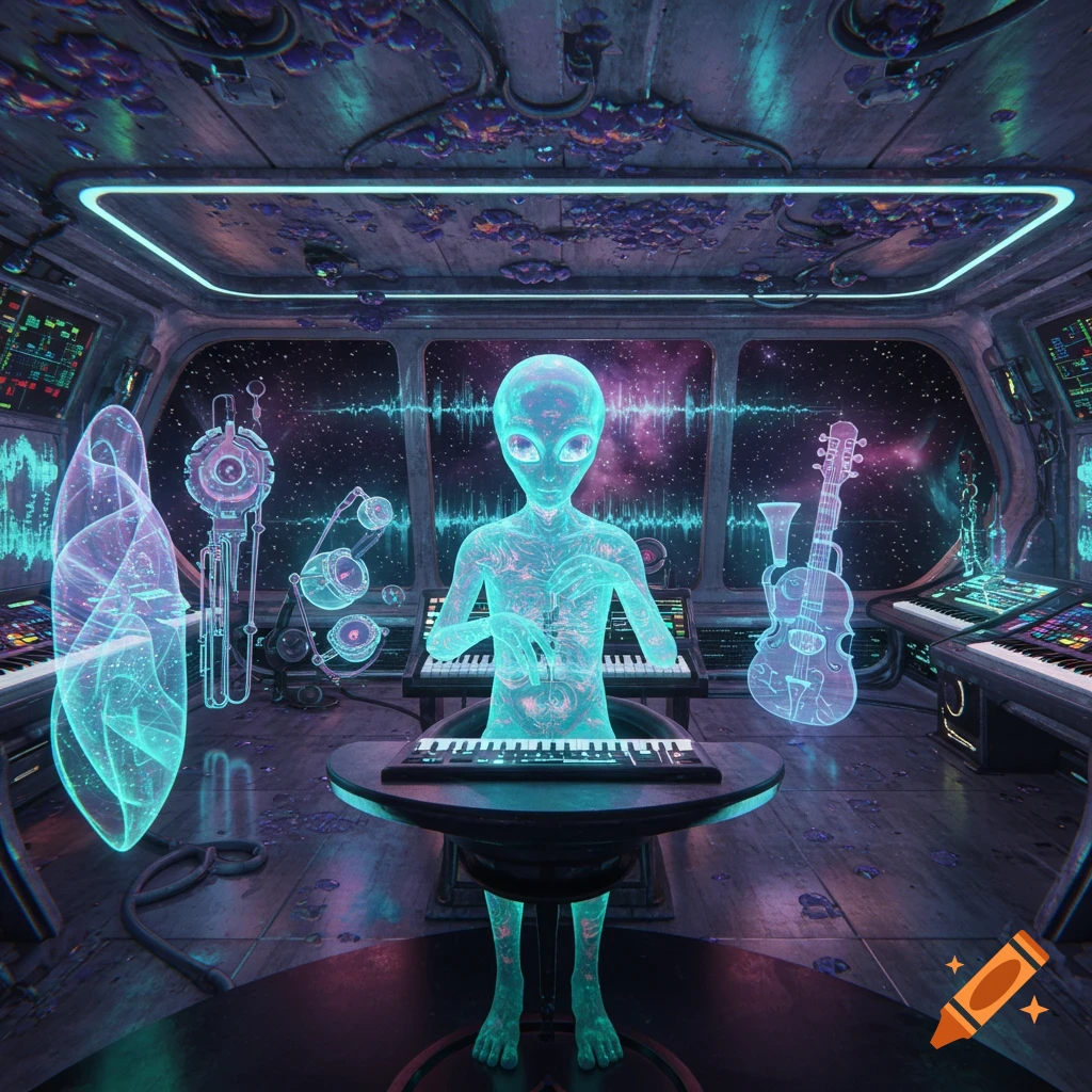 A glowing blue alien plays a futuristic keyboard inside a vibrant sci-fi music studio with holographic instruments.