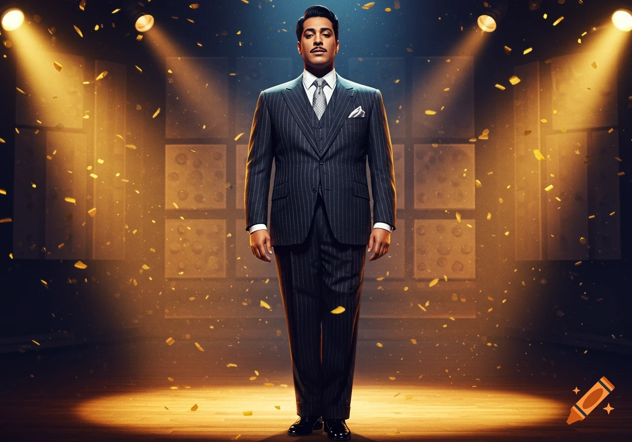 A well-dressed man with a pompadour stands on a stage under spotlights with golden confetti falling, photorealistic.